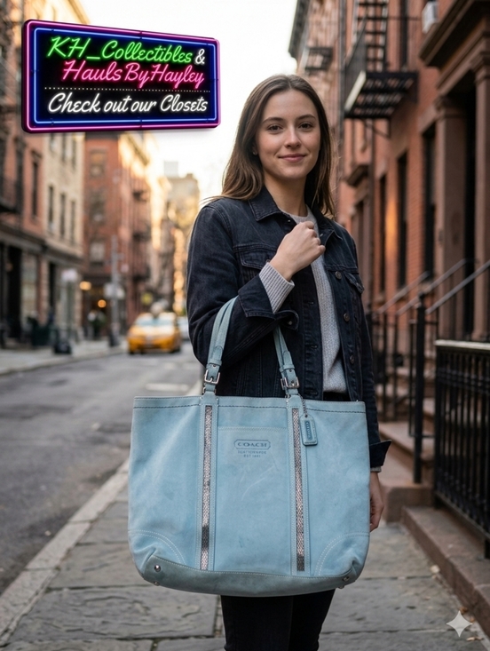 Coach Handbags - 2005 Coach Aqua Blue Suede Beaded Gallery Tote Style 8B32 Y2K Vintage